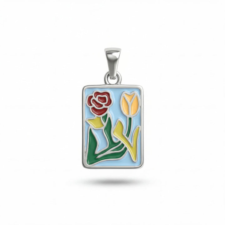 Floral Enamel Pendant -Silver